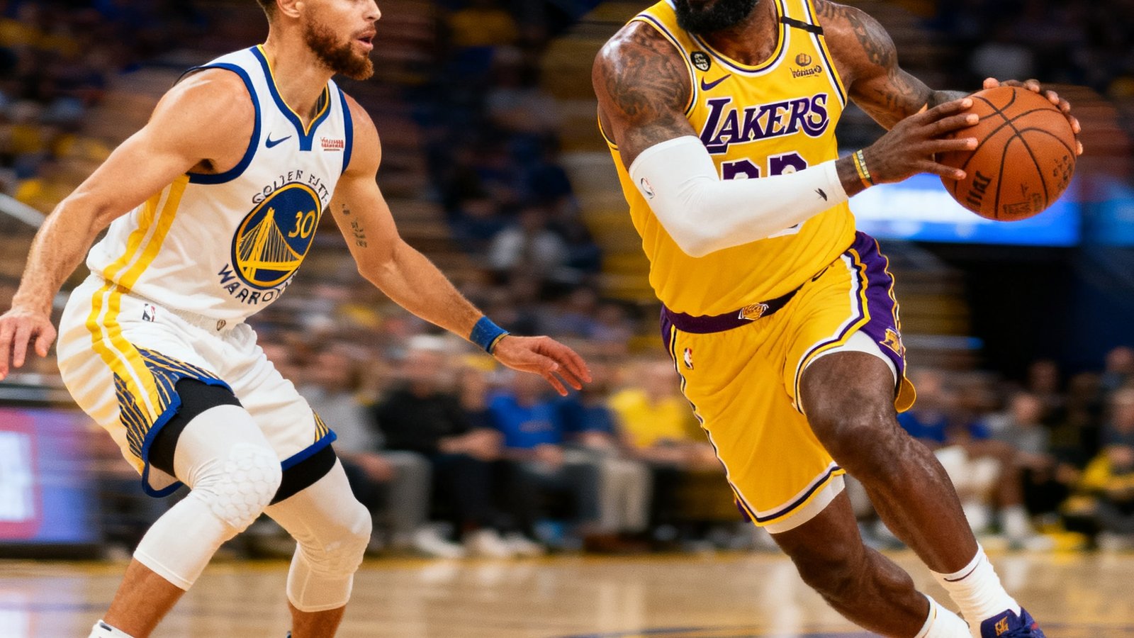 NBA湖人队对阵勇士队的比赛直播截图，勒布朗·詹姆斯持球突破，斯蒂芬·库里在三分线外防守