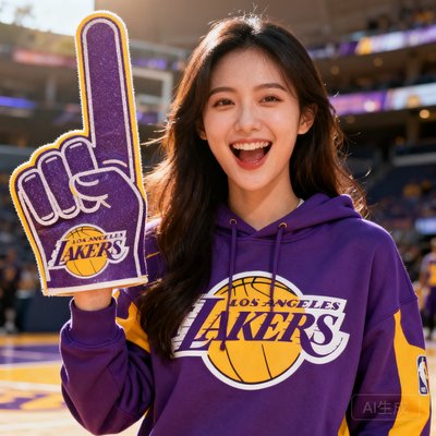 一位热情的女球迷头像，身着湖人队紫金配色卫衣，手持加油棒